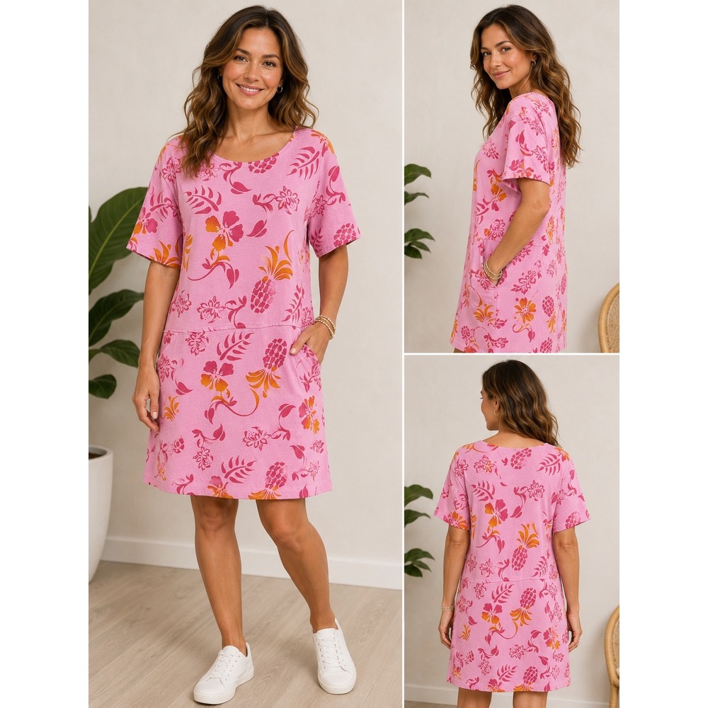 90s Red Ginger Womens Dress Cotton Pink Tropical Pineapple Floral Pocket Large